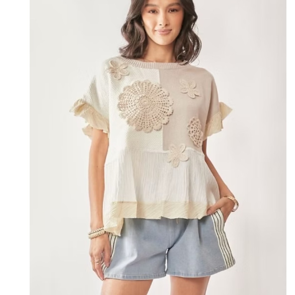 DAVI & DANI Cream Floral Embroidered Patchwork Top